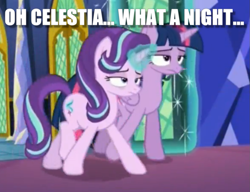 Size: 1173x901 | Tagged: safe, edit, edited screencap, screencap, starlight glimmer, twilight sparkle, twilight sparkle (alicorn), alicorn, pony, every little thing she does, drunk, drunk twilight, drunklight glimmer, hangover, image macro, meme, needs more jpeg