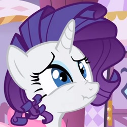 Size: 414x414 | Tagged: safe, rarity, pony, unicorn, female, horn, mare, nose wrinkle, reaction image, scrunchy face, solo