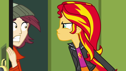 Size: 1920x1080 | Tagged: safe, normal norman, sunset shimmer, equestria girls, background human, d:, glare, gritted teeth, male, now kiss