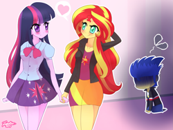 Size: 1457x1103 | Tagged: safe, artist:riouku, flash sentry, sunset shimmer, twilight sparkle, equestria girls, blushing, chibi, clothes, cute, debate in the comments, eye contact, female, flashabuse, heart, holding hands, lesbian, rejection, shipping, skirt, sunsetsparkle, the lesbians prosper