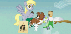 Size: 417x200 | Tagged: safe, artist:jinratgeist, angel bunny, derpy hooves, gummy, opalescence, owlowiscious, winona, pegasus, pony, animated, derp, female, mare
