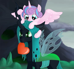 Size: 1200x1112 | Tagged: safe, artist:xodok, princess flurry heart, queen chrysalis, alicorn, changeling, changeling queen, auntie chrissy, baby, cave, cute, duo, duo female, female, filly, flurrybetes, foal, heart, mouth hold, nom