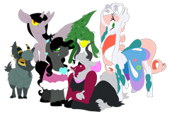 Size: 1906x1282 | Tagged: safe, artist:goatpaste, discord, king sombra, lord tirek, queen chrysalis, arimaspi, changeling, changeling queen, pony, alternate universe, good king sombra, simple background, transparent background