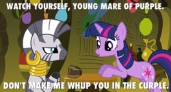 Size: 720x385 | Tagged: safe, derpibooru import, twilight sparkle, zecora, zebra, magic duel, curple, image macro