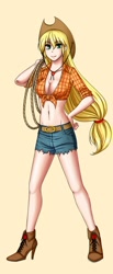 Size: 400x967 | Tagged: safe, artist:apzzang, applejack, belly button, cleavage, clothes, daisy dukes, female, front knot midriff, humanized, midriff, solo