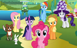 Size: 612x380 | Tagged: safe, derpibooru import, screencap, angel bunny, applejack, fluttershy, pinkie pie, rainbow dash, rarity, tank, twilight sparkle, twilight sparkle (alicorn), winona, alicorn, earth pony, pegasus, pony, unicorn, maud pie (episode), entertainment weekly, female, giant hat, hat, mane six, mare