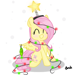 Size: 1000x1000 | Tagged: safe, artist:jonah-yeoj, fluttershy, pegasus, pony, christmas lights, christmas tree, fluttertree