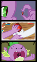 Size: 1280x2160 | Tagged: safe, edit, edited screencap, screencap, rarity, spike, dragon, pony, unicorn, a dog and pony show, just for sidekicks, secret of my excess, comic, comparison, fire ruby, flashback, gem, male, ruby, screencap comic