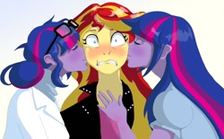 Size: 720x447 | Tagged: safe, artist:theigi, sci-twi, sunset shimmer, twilight sparkle, twilight sparkle (alicorn), alicorn, equestria girls, blushing, counterparts, fanfic art, female, kiss on the cheek, kiss sandwich, kissing, lesbian, love triangle, ot3, polyamory, scitwishimmer, shipping, shocked, sunset twiangle, sunsetsparkle, this will end in polygamy, twilight's counterparts, twolight
