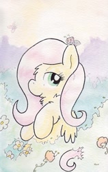 Size: 731x1158 | Tagged: safe, artist:slightlyshade, fluttershy, butterfly, insect, pegasus, pony, bedroom eyes, flower, fluffy, smiling, solo, traditional art