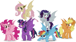 Size: 8173x4552 | Tagged: safe, artist:vector-brony, derpibooru import, applejack, fluttershy, pinkie pie, rainbow dash, rarity, twilight sparkle, twilight sparkle (alicorn), alicorn, bat pony, bat pony alicorn, pony, bats!, absurd resolution, alicornified, applebat, bat ponified, female, flutterbat, hilarious in hindsight, mane six, mare, pinkiebat, race swap, rainbowbat, raribat, raricorn, twibat