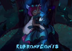 Size: 3620x2552 | Tagged: safe, artist:vincher, king sombra, nightmare moon, queen chrysalis, oc, oc:delusive rose, oc:moondrive, changeling, changeling queen, pony, unicorn, convention, everfree forest, forest, rubronycon, shadow