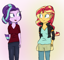 Size: 1289x1200 | Tagged: safe, artist:mildockart, starlight glimmer, sunset shimmer, equestria girls, clothes, counterparts, equestria girls-ified, leather jacket, open mouth, pants, smiling, twilight's counterparts