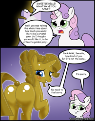 Size: 1383x1771 | Tagged: safe, artist:toongrowner, rarity, sweetie belle, pony, unicorn, blushing, butt, comic, covered, duo, featureless crotch, female, luster dust, plot, rarigold, rearity, siblings, sisters