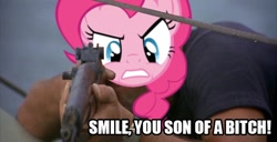 Size: 720x368 | Tagged: safe, pinkie pie, earth pony, pony, crossover, gun, jaws, m1 garand, parody, rifle, robot chicken, smiling, vulgar