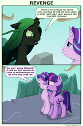 Size: 1116x1700 | Tagged: safe, artist:frenkieart, queen chrysalis, starlight glimmer, twilight sparkle, twilight sparkle (alicorn), alicorn, changeling, changeling queen, pony, unicorn, to where and back again, cloud, comic, dialogue, female, fourth wall, funny, horn, mare, sky, text, wings