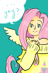 Size: 2000x3000 | Tagged: safe, artist:quixoticschlemiel, fluttershy, clothes, humanized, sweatershy, winged humanization