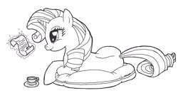 Size: 1810x1000 | Tagged: safe, artist:abronyaccount, rarity, pony, unicorn, lineart, reading, scroll, solo, tea