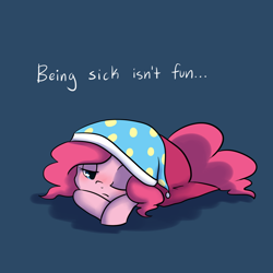 Size: 1000x1000 | Tagged: safe, artist:maplesunrise, pinkie pie, earth pony, pony, ask snuggle pie, blanket, blue background, blushing, cute, diapinkes, hat, nightcap, one eye closed, prone, sick, simple background, solo, truth