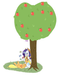 Size: 900x1163 | Tagged: safe, artist:wolfytails, applejack, rarity, earth pony, pony, unicorn, blushing, female, lesbian, magic, rarijack, shipping, simple background, transparent background, tree