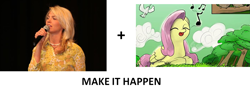 Size: 1100x394 | Tagged: safe, fluttershy, human, all caps, crossover, exploitable meme, make it happen, meme, mindy gledhill, singing