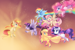 Size: 3000x2000 | Tagged: dead source, safe, artist:loyaldis, applejack, fluttershy, pinkie pie, rainbow dash, rarity, spike, sunset shimmer, twilight sparkle, twilight sparkle (alicorn), alicorn, dragon, earth pony, pegasus, pony, unicorn, mane seven, mane six, rainbow power