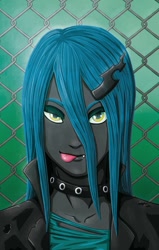 Size: 508x800 | Tagged: safe, artist:villaincorner, queen chrysalis, changeling, changeling queen, equestria girls, clothes, collar, equestria girls-ified, fangs, hairpin, jacket, looking at you, smiling, solo, tongue out