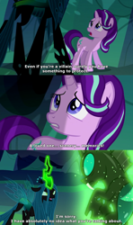 Size: 1110x1873 | Tagged: safe, edit, edited screencap, screencap, queen chrysalis, starlight glimmer, thorax, changeling, changeling queen, pony, unicorn, to where and back again, comic, dialogue, dragon ball super, evil, female, frieza, glowing horn, magic, male, mare, parody, reference, screencap comic, telekinesis, text