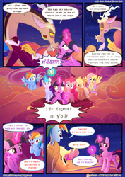 Size: 3500x4950 | Tagged: safe, artist:light262, artist:lummh, derpibooru import, applejack, discord, fluttershy, pinkie pie, rainbow dash, rarity, twilight sparkle, twilight sparkle (alicorn), alicorn, earth pony, pegasus, pony, unicorn, comic:timey wimey, comic, dialogue, mane six, speech bubble