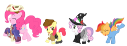 Size: 3259x1204 | Tagged: safe, artist:rustedrabbit, derpibooru import, apple bloom, pinkie pie, rainbow dash, scootaloo, sweetie belle, earth pony, pegasus, pony, clothes, costume, cutie mark crusaders, halloween, indiana jones, jason