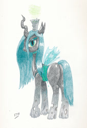 Size: 1355x1993 | Tagged: safe, artist:friendshipishorses, queen chrysalis, changeling, changeling queen, headcanon, petrification, solo, traditional art