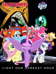 Size: 1600x2115 | Tagged: safe, artist:illumnious, artist:shutterflyeqd, applejack, fluttershy, pinkie pie, queen chrysalis, rainbow dash, rarity, twilight sparkle, twilight sparkle (alicorn), alicorn, changeling, changeling queen, earth pony, pegasus, pony, unicorn, fanfic:light our darkest hour, arcee, clash of hasbro's titans, cover art, crossover, hot rod, mane six, megatron, optimus prime, transformers, transformers generation 1, unicron