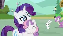 Size: 1280x720 | Tagged: safe, screencap, angel bunny, rarity, spike, sweetie belle, dragon, pony, unicorn, just for sidekicks, hug, nose wrinkle, scrunchy face