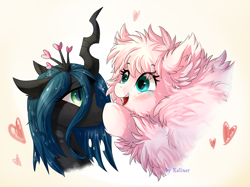Size: 1707x1280 | Tagged: safe, artist:kaliner123, queen chrysalis, oc, oc:fluffle puff, changeling, changeling queen, pony, blushing, boop, canon x oc, chrysipuff, cute, cutealis, female, flufflebetes, gradient background, heart, horn, lesbian, mare, shipping, signature, simple background