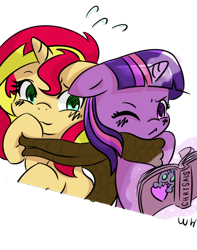 Size: 700x890 | Tagged: safe, artist:walthooves, sunset shimmer, twilight sparkle, twilight sparkle (alicorn), alicorn, pony, blushing, book, clothes, female, mare, scarf, simple background, transparent background, wink