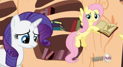 Size: 851x467 | Tagged: safe, screencap, fluttershy, rarity, pegasus, pony, unicorn, magic duel, book, golden oaks library, sad