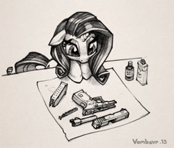 Size: 1280x1086 | Tagged: safe, artist:vombavr, rarity, pony, unicorn, glock, gun, pistol, sketch, traditional art, weapon