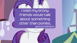 Size: 500x281 | Tagged: safe, rarity, pony, unicorn, female, horn, mare, pony confession, white coat