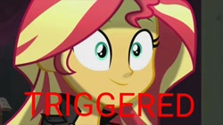 Size: 1280x720 | Tagged: safe, edit, edited screencap, screencap, sunset shimmer, equestria girls, friendship through the ages, meme, solo, triggered