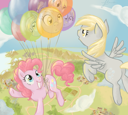 Size: 1000x900 | Tagged: dead source, safe, artist:elenaboosy, derpy hooves, pinkie pie, earth pony, pegasus, pony, balloon, female, flying, mare, reflection, then watch her balloons lift her up to the sky, vertigo