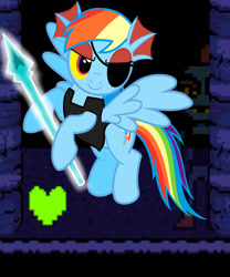 Size: 1000x1200 | Tagged: safe, artist:emilz-the-half-demon, derpibooru import, rainbow dash, pegasus, pony, backwards cutie mark, crossover, eyepatch, rainbowdyne, spear, undertale, undyne, weapon