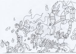 Size: 1404x990 | Tagged: safe, artist:kuroneko, derpibooru exclusive, queen chrysalis, changeling, changeling queen, chimera, fly-der, manticore, parasprite, timber wolf, windigo, changeling mega evolution, disguise, disguised changeling, female, ink drawing, lantern, lineart, monochrome, mouth hold, paper lantern, scorpion tail, simple background, traditional art, twittermite, walking, white background, wisps