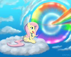 Size: 1000x800 | Tagged: safe, artist:empyu, derpibooru import, fluttershy, rainbow dash, pegasus, pony, cloud, female, mare, open mouth, sky, smiling, sonic rainboom