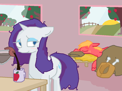 Size: 800x600 | Tagged: safe, artist:the weaver, big macintosh, rarity, earth pony, pony, unicorn, bed, blushing, coffee, female, implied sex, male, mare, morning after, morning ponies, rarimac, shipping, sleeping, stallion, straight, sunrise, sweet apple acres, tree