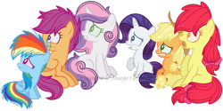 Size: 1024x512 | Tagged: safe, artist:bezziie, derpibooru import, apple bloom, applejack, rainbow dash, rarity, scootaloo, sweetie belle, earth pony, pegasus, pony, unicorn, campfire tales, age swap, colored pupils, cutie mark crusaders, role reversal, scared, simple background, sitting, transparent background