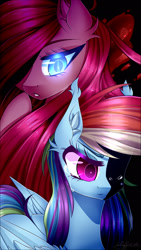 Size: 1394x2479 | Tagged: safe, artist:clefficia, derpibooru import, pinkie pie, rainbow dash, earth pony, pegasus, pony, crying, glowing eyes, pinkamena diane pie