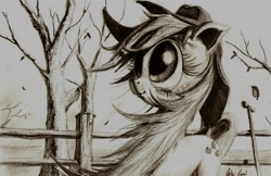 Size: 1692x1099 | Tagged: safe, artist:lordgood, applejack, earth pony, pony, autumn, fence, grayscale, loose hair, monochrome, solo