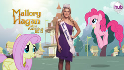 Size: 800x450 | Tagged: safe, fluttershy, pinkie pie, human, hub logo, hubble, irl, irl human, mallory hagan, miss america, official, photo, the hub