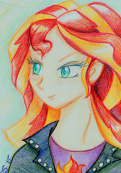 Size: 800x1142 | Tagged: safe, artist:xandyr, sunset shimmer, equestria girls, clothes, female, solo, traditional art, two toned hair