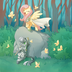 Size: 1000x1000 | Tagged: safe, artist:samaerro, fluttershy, oc, oc:patrick, butterfly, pegasus, pony, zebra, forest